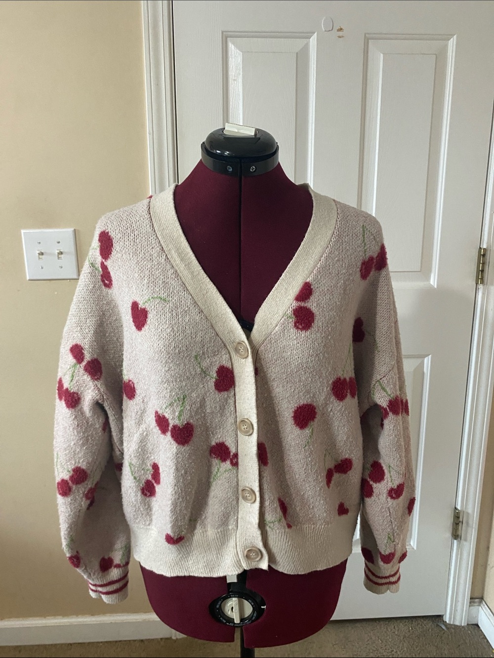 Cozy Cream Cherry-Print Button Cardigan Sweater